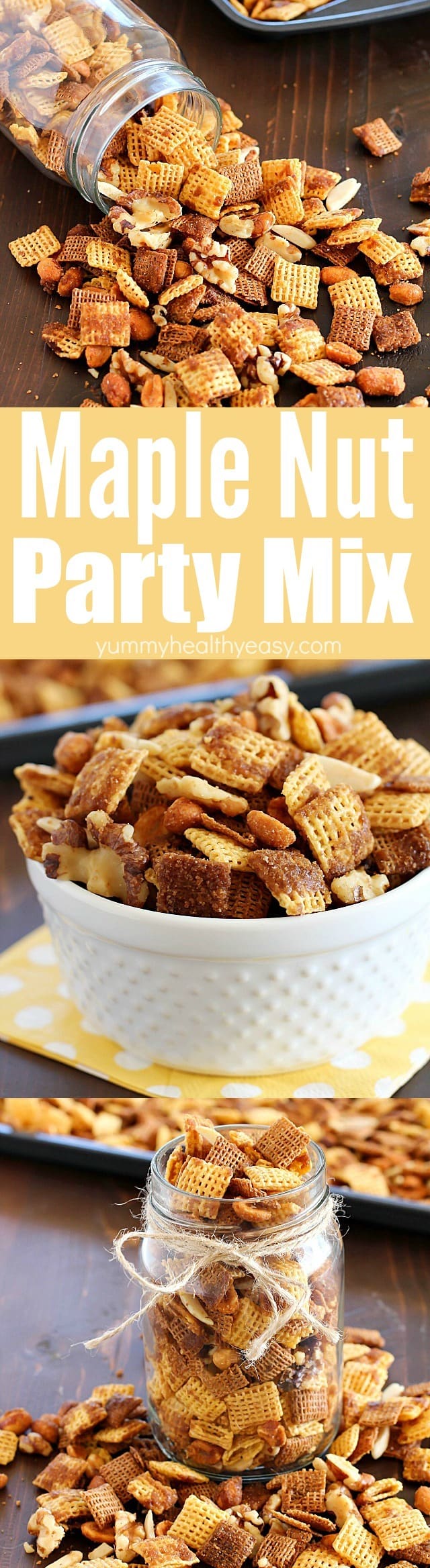 Maple Nut Party Mix is the easiest party mix you can make! This salty & sweet snack is perfect to bring to a party or to give out as gifts. Always a crowd-pleaser!