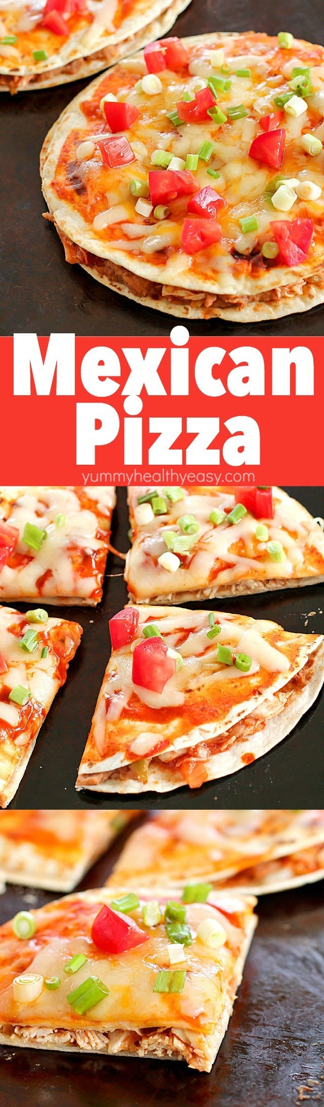 How about Mexican Pizzas for dinner? They're an easy, yummy recipe of layered flour tortillas with a filling of refried beans, shredded chicken and salsa. Top it off with a little enchilada sauce and cheese, bake for a few minutes, and you got yourself an incredible Mexican Pizza for dinner!