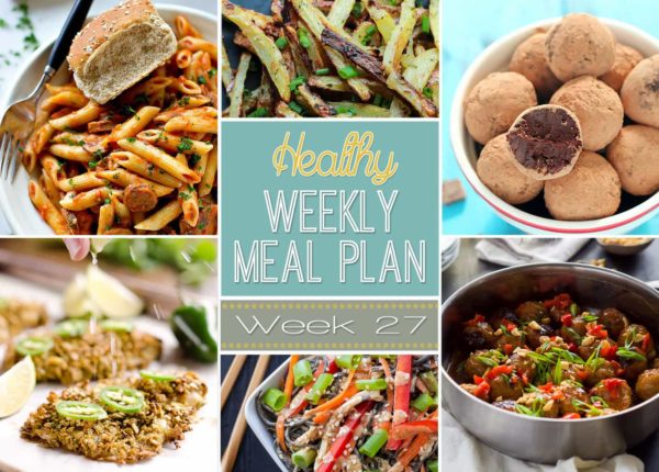 Healthy Weekly Meal Plan #27 is ready to go with healthy meals ranging from breakfast all the way to dessert! You will adore these healthy dinner recipes mixed in with breakfast, lunch, side dish and dessert. So many great dishes to plan out for the week!
