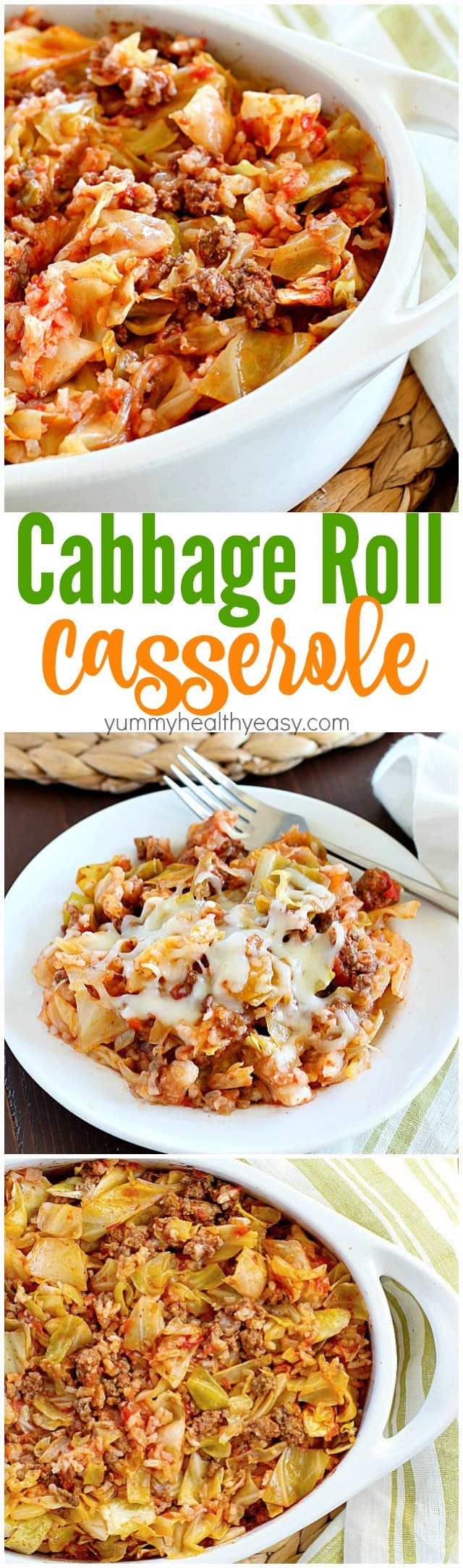 Cabbage Roll Casserole is much easier than making traditional cabbage rolls! This yummy casserole is slowly baked and full of ground beef, rice and cabbage in a light tomato sauce. Hearty, simple to make and delicious!