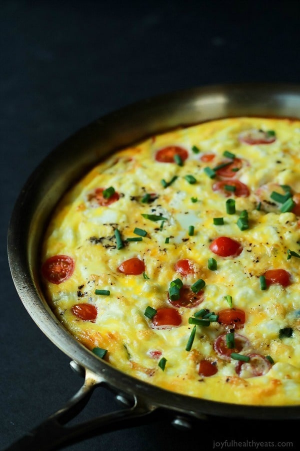 Cheesy Bacon Spinach Frittata done in 30 minutes! This Spinach Frittata is packed with goat cheese, roasted red peppers, and bacon! Perfect for Saturday Brunch!