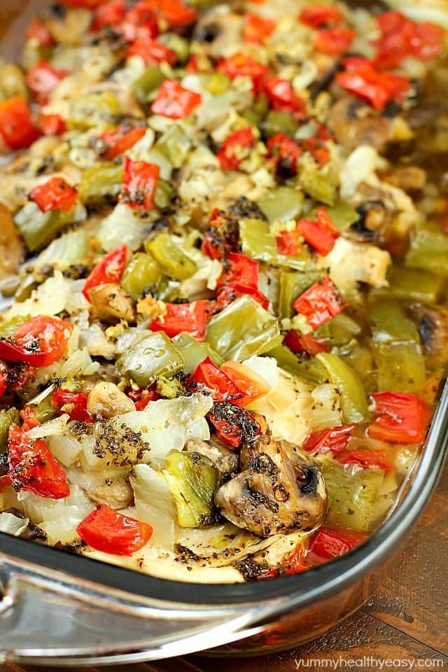 Baked "Smothered Chicken" may sound weird, but this is an incredibly easy and delicious one-pan, baked chicken dinner recipe that my family loves! It's healthy and high in protein and is low-carb & gluten-free without the side of rice. Super easy and no pre-cooking of the meat, just throw it all in the pan and bake! It comes out juicy and flavorful!