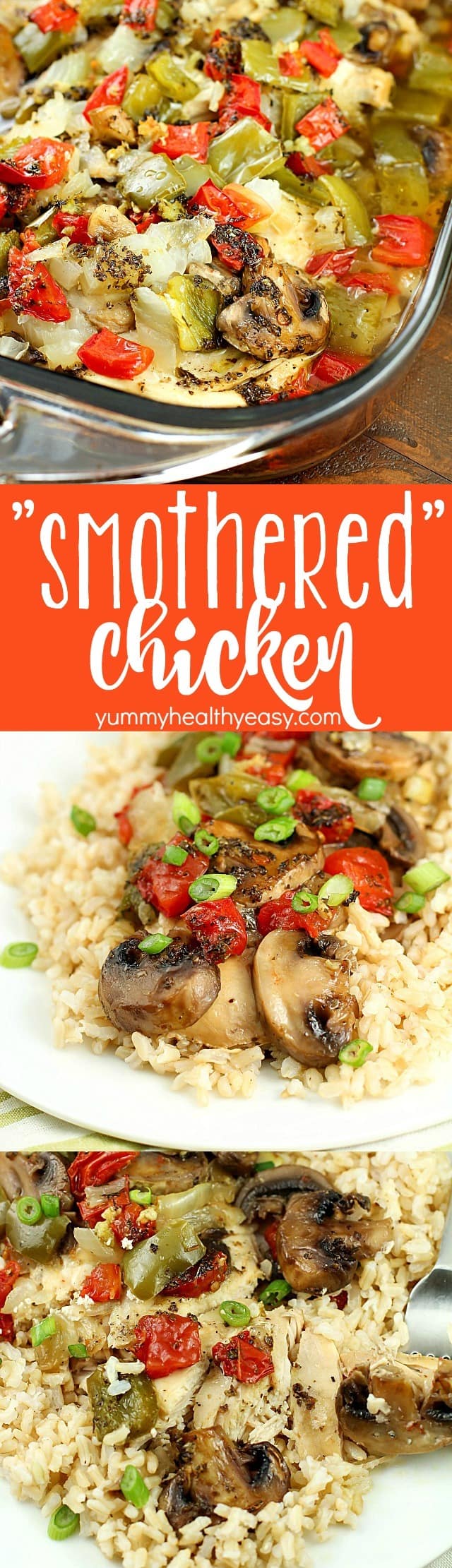 Baked "Smothered Chicken" may sound weird, but this is an incredibly easy and delicious one-pan, baked chicken dinner recipe that my family loves! It's healthy and high in protein and is low-carb & gluten-free without the side of rice. Super easy and no pre-cooking of the meat, just throw it all in the pan and bake! It comes out juicy and flavorful!