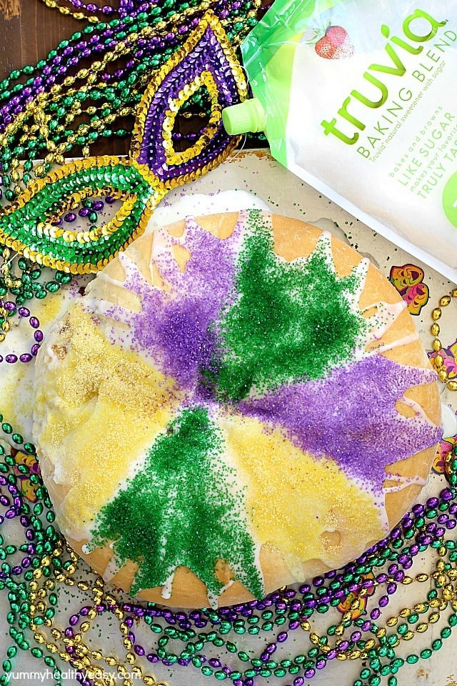 Have you ever made a King Cake for Mardi Gras? It's a fun, colorful cake to serve at a Mardi Gras celebration - or for any occasion because it's absolutely delicious! #truvia #ad