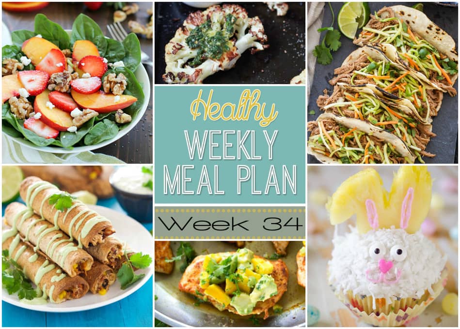 Healthy Weekly Meal Plan #34 is full of yummy, healthy recipes for you to make this week! We have breakfast, lunch, dinner, dessert and a snack all prepped out for you for the week!