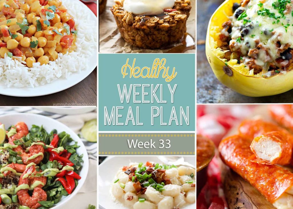 Plan out your meals this week with ease with our Healthy Weekly Meal Plan! Week 33 is filled with healthy main dishes to add to your dinner rotation. Plus a breakfast, lunch, snack and even an amazing dessert, too!
