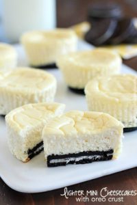 Mini Cheesecakes with an Oreo crust! This lighter recipe is absolutely delicious and super easy to make. Only a few ingredients & whipped up in a matter of minutes. With less calories than a regular cheesecake + built-in portion control with the muffin tin! These are a dessert worthy of guests or just for fun.