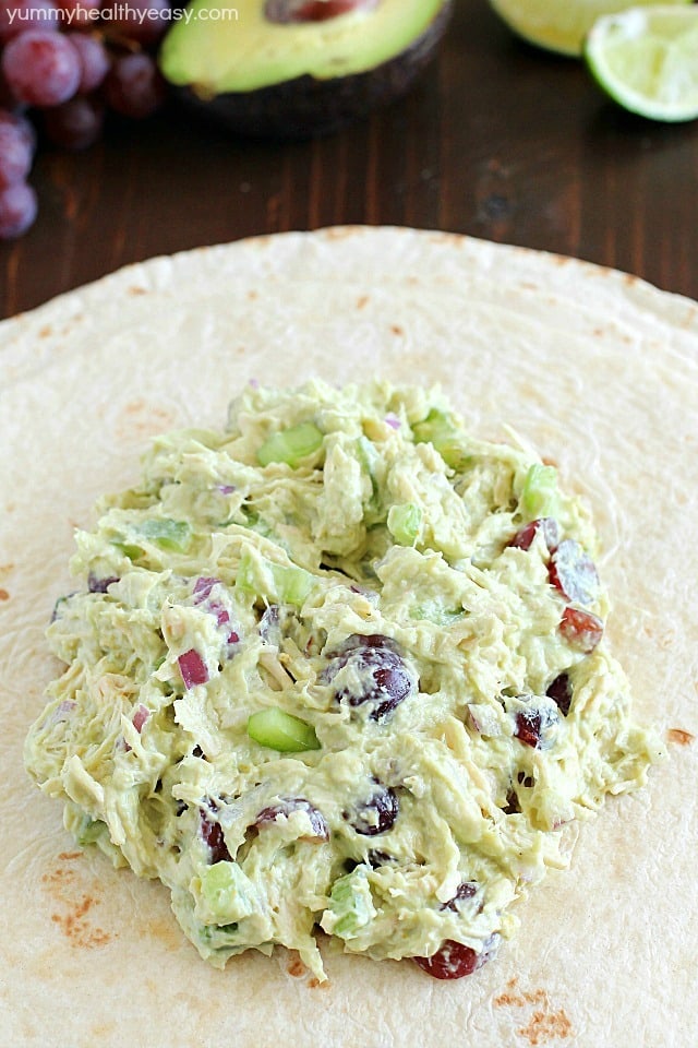 Avocado Chicken Salad Wrap - a perfect blend of avocado, Greek yogurt, chicken, celery, grapes, red onion & spices to make your lunch complete! This is healthy and only takes a few minutes to whip up! AD