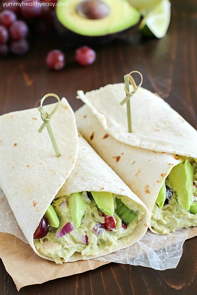 Avocado Chicken Salad Wrap - a perfect blend of avocado, Greek yogurt, chicken, celery, grapes, red onion & spices to make your lunch complete! This is healthy and only takes a few minutes to whip up! AD