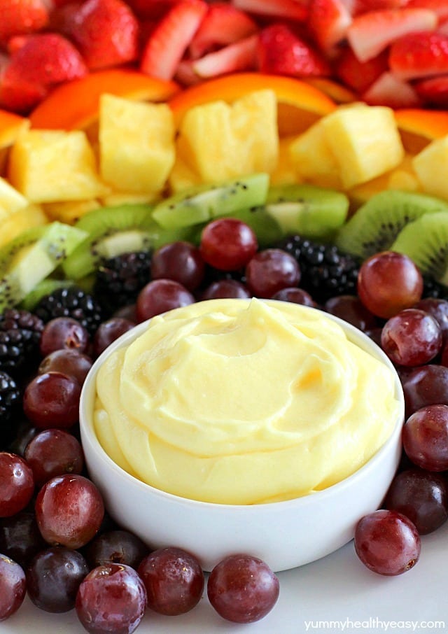 How about making a FUN Fruit Rainbow with Lemon Dip?! It will be the hit of your party! Whether you're celebrating St. Patrick's Day or just any day of the week, this is a snack everyone will enjoy! The Lemon Dip is so creamy and delicious. It goes perfectly with the fruit!