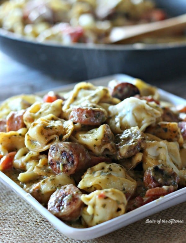 Pesto Alfredo Tortellini with Smoked Sausage by Belle of the Kitchen