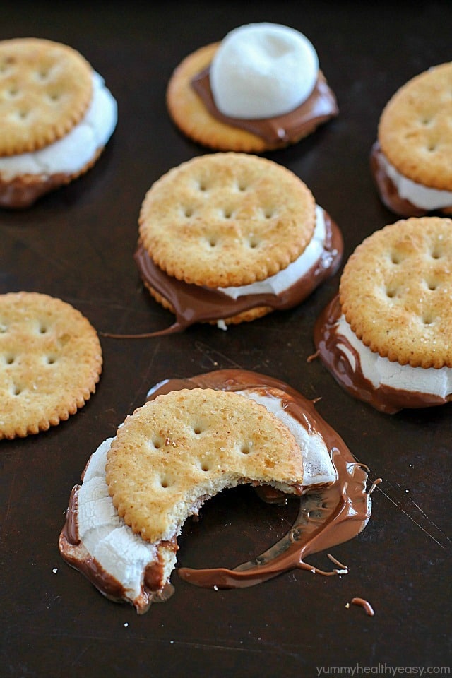 Oven S'mores Sandwiches for the WIN! You don't need a campfire to enjoy s'mores, make them in the oven instead! These oven smores are incredibly easy to make (about 5 minutes total!) and are the perfect combo of salty and sweet. So delicious! AD