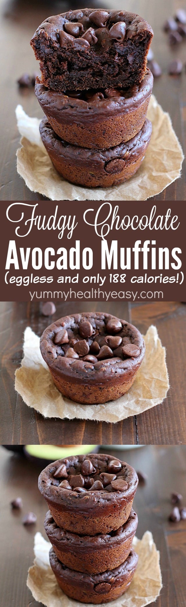 Avocado Muffins. With Chocolate. That are fudgy. Yessiree! Fudgy Chocolate Avocado Muffins that are eggless and only 188 calories so you feel like you're eating dessert for breakfast! Hint: you can't taste the avocado at all! AD
