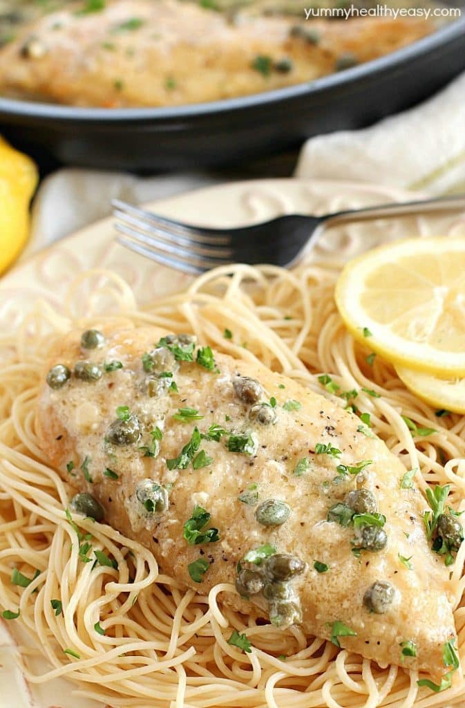 This Chicken Piccata Recipe is lighter (aka skinny) and is so easy to make! Perfect on a busy weeknight but also fancy enough to make when you have company over! It’s made in only one pan and is bursting with lemony, buttery, creamy flavor. So much flavor in every bite of tender chicken!