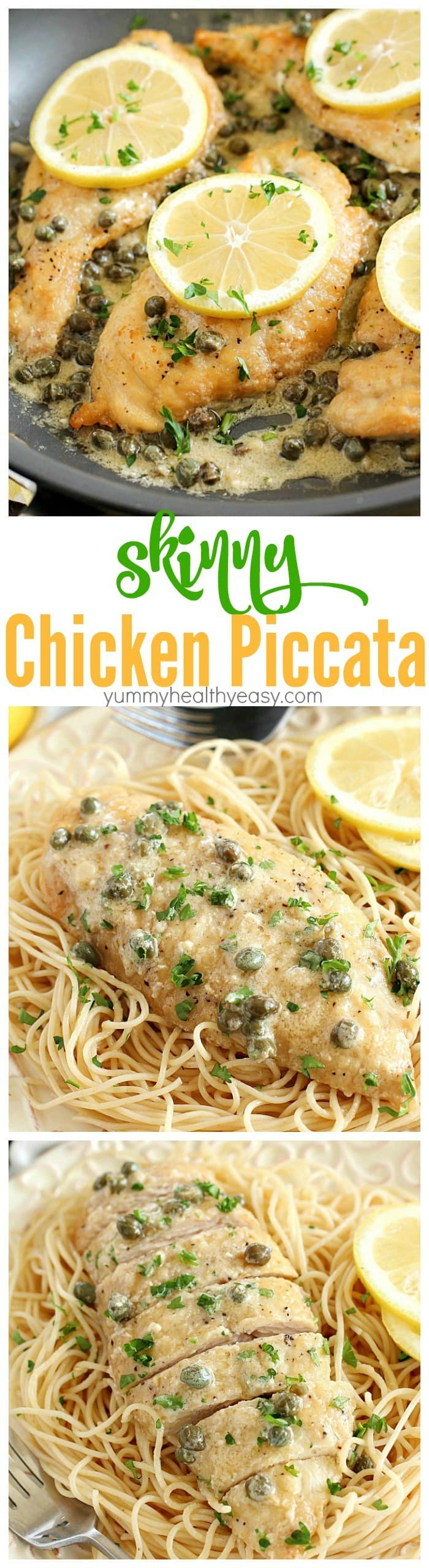 This Chicken Piccata Recipe is lighter (aka skinny) and is so easy to make! Perfect on a busy weeknight but also fancy enough to make when you have company over! It’s made in only one pan and is bursting with lemony, buttery, creamy flavor. So much flavor in every bite of tender chicken!