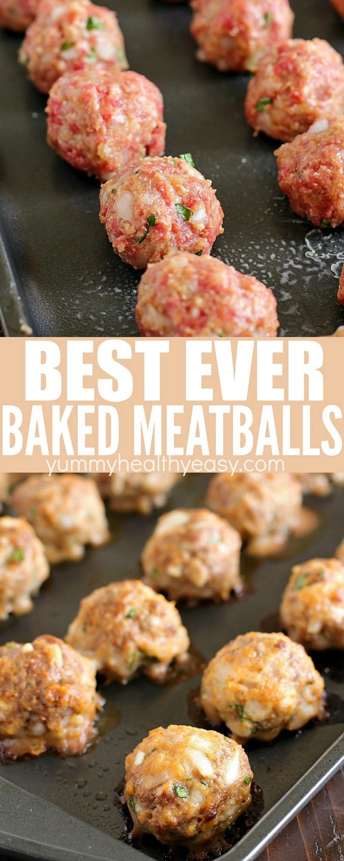 Baked Meatballs that are some of the best ever meatballs in the history of all meatballs! Such a simple and easy meatball recipe. Very tender and flavorful! Perfect to add to spaghetti sauce or any other recipe that requires basic meatballs! via @jennikolaus