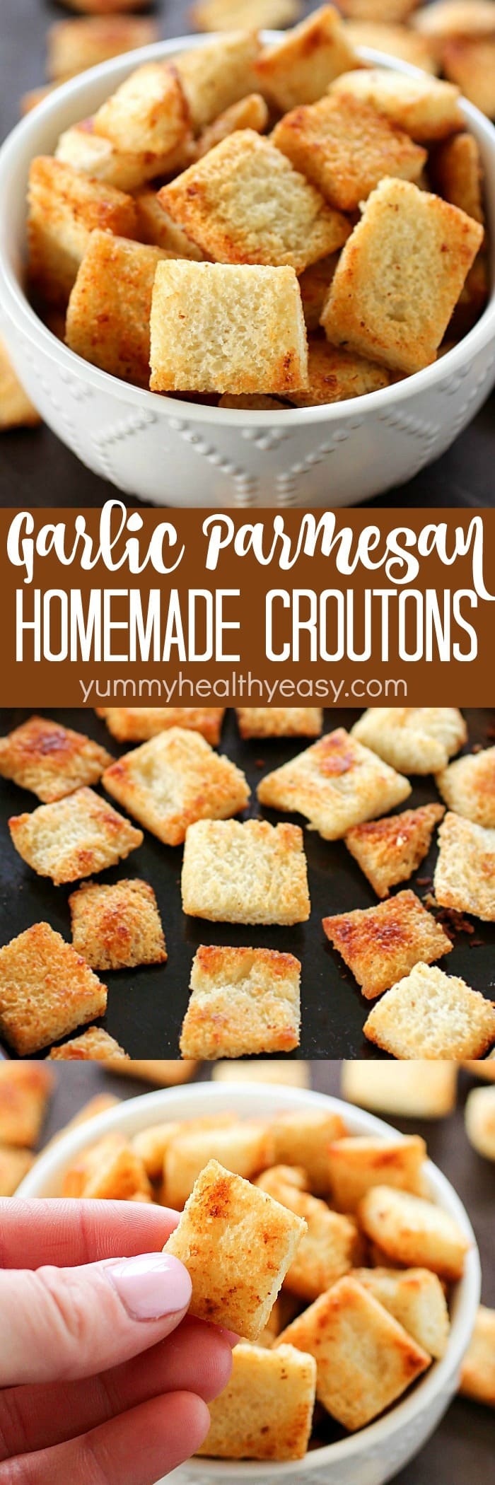Garlic Parmesan Homemade Croutons are easy to make and cheaper than the store-bought kind! Tons of garlic parmesan flavor make these homemade croutons out of this world!!