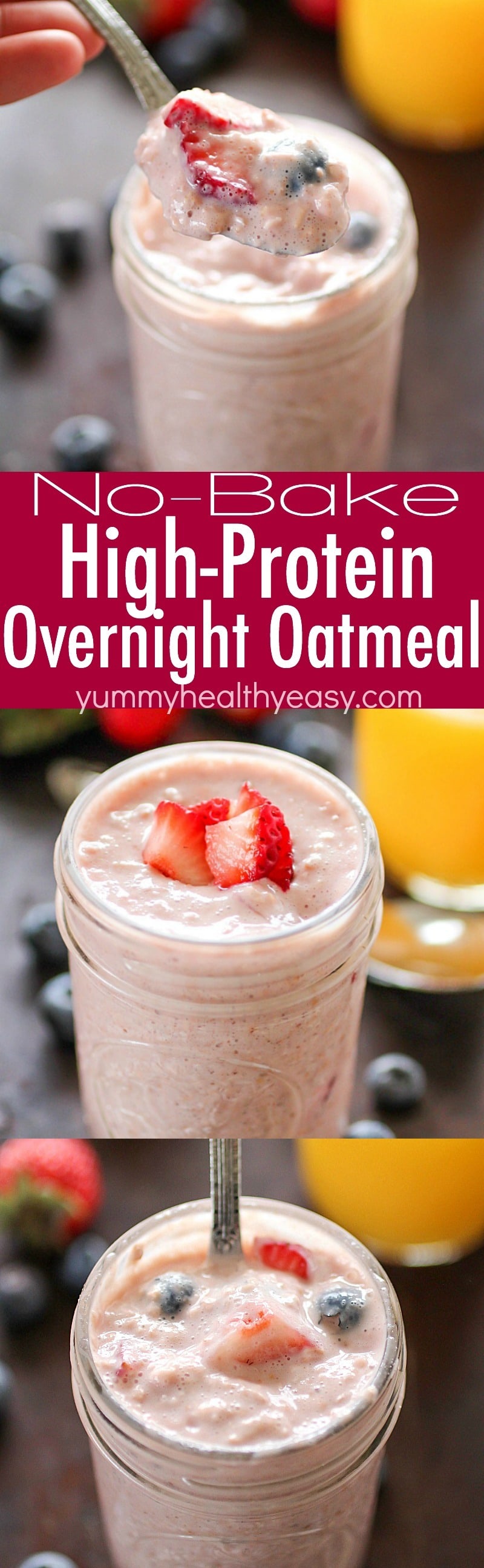 Overnight Oatmeal that's packed full of protein (13 grams), fiber (6 grams) and fruit. No-bake, with only 252 calories! Perfect breakfast to grab on the go! AD