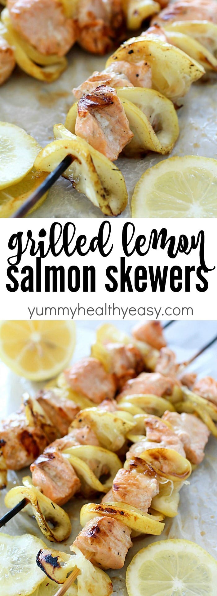 Salmon Skewers tossed in a garlic-lemon sauce and then grilled. So simple and so flavorful! Salmon and citrus is combined to create the result of a crazy delicious, tender, lemony salmon that is like heaven on a stick!