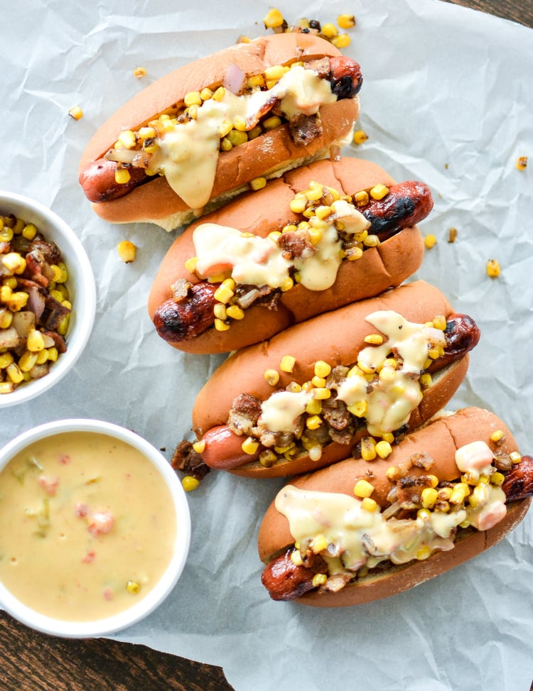 Hot Dogs with Chipotle Cheese Sauce and and Bacon Corn Relish - Cooking and Beer
