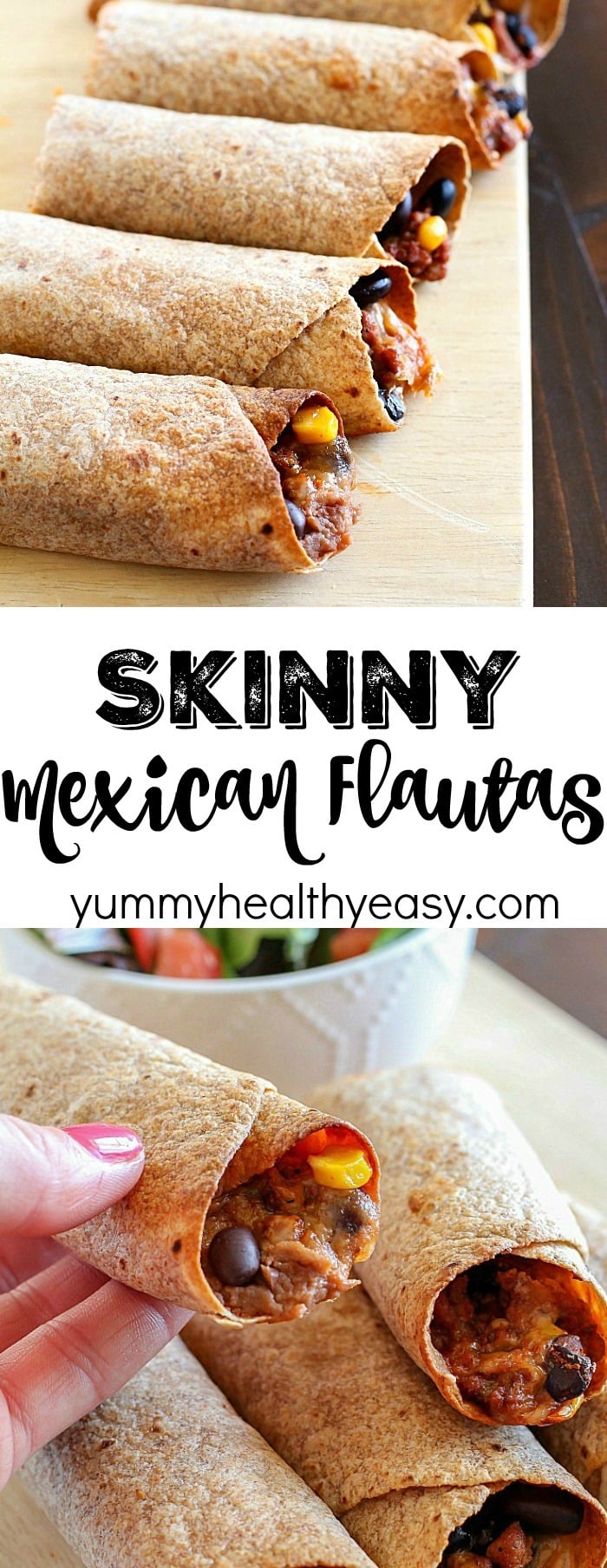 Need a light & easy dinner? Try this Skinny Baked Mexican Flautas Recipe! They're made lighter with a few ingredient swaps and are baked instead of fried. They are incredibly delicious! Whole Wheat tortillas filled with lean ground turkey, corn, black beans, refried beans, cheese, and lots of spices!! Super yummy dinner recipe!