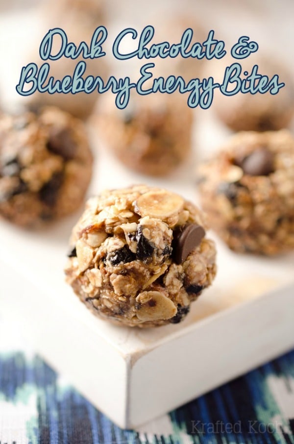 Dark Chocolate & Blueberry Energy Bites are a sweet little bite of dark chocolate and dried blueberries encompassed with whole grains and seeds for a protein packed snack or breakfast that will fill you up and leave you feeling satisfied.