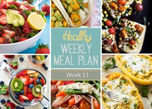 Healthy Weekly Meal Plan #51 will inspire you to eat healthy! You will love preparing the dishes on this healthy menu plan! You get a dinner idea for each night plus a lunch, snack, side dish and dessert recipe. Plus they're all healthier recipes - SCORE!