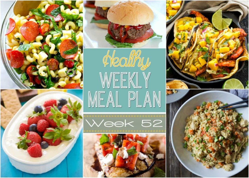 Check out this weeks Healthy Weekly Meal Plan #52! We're high-fiving on our ONE YEAR celebration of sharing yummy meal plans - woohoo! I hope you enjoy this one! So many great dinners plus a breakfast, lunch, side dish, snack & dessert recipe too!