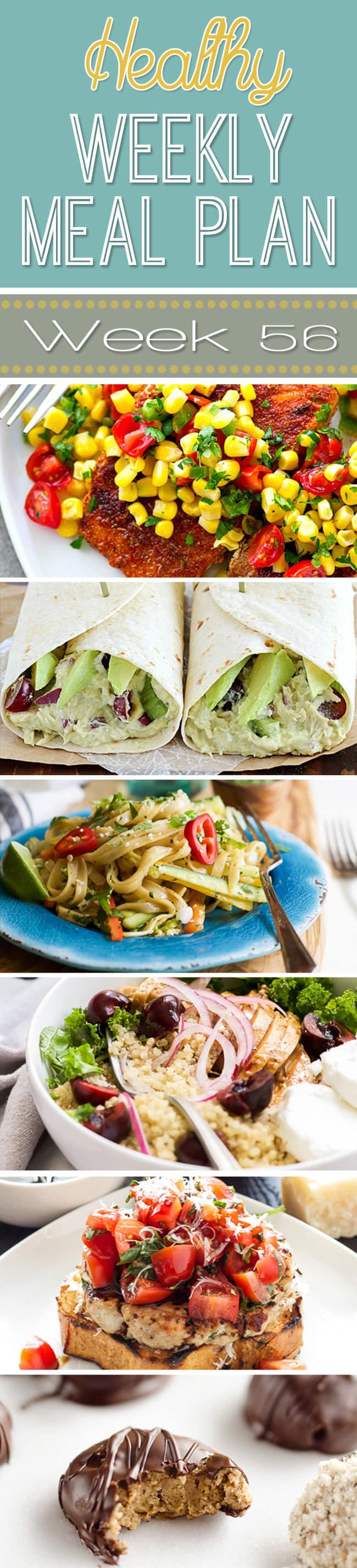 Healthy Weekly Meal Plan #56 has some incredible healthy dinner recipes for you to try this week! Plus a breakfast, lunch, snack, side dish and drink recipe too. So many great healthy recipes all in one place for you!