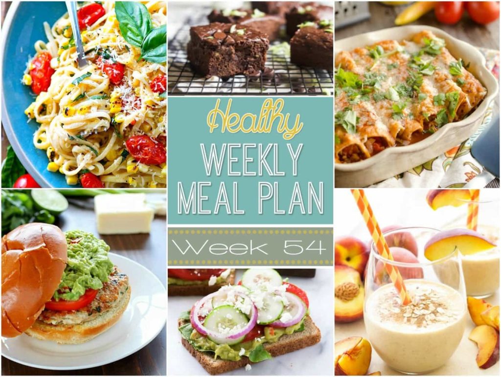 Healthy Weekly Meal Plan #54 is full of hearty & healthy dinners but also has a yummy lunch, side dish, breakfast and dessert recipe for you, too! Plan out your meals for the week with ease!