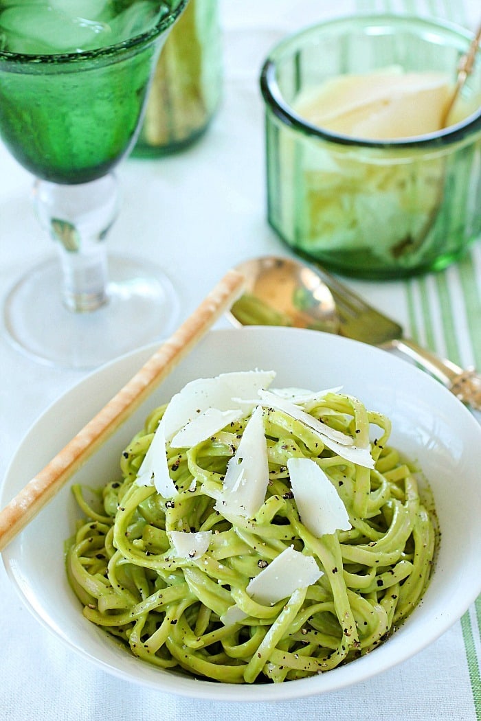 Pasta tossed in a Light Avocado Cream Sauce = the best pasta dinner you will ever eat! No joke, this pasta is so delicious. You won't believe the flavor in this healthier cream sauce. With only a few ingredients, it's incredibly easy to prepare and healthier than a traditional cream sauce! This is a great weeknight meal but fancy enough to serve for a nice dinner! AD