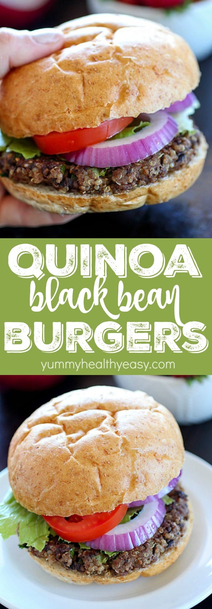 Quinoa Black Bean Burgers - meatless patties full of black beans, quinoa and spices. You won't believe these are vegetarian and won't miss the meat! The flavor is so incredibly delicious and only 270 calories per burger!