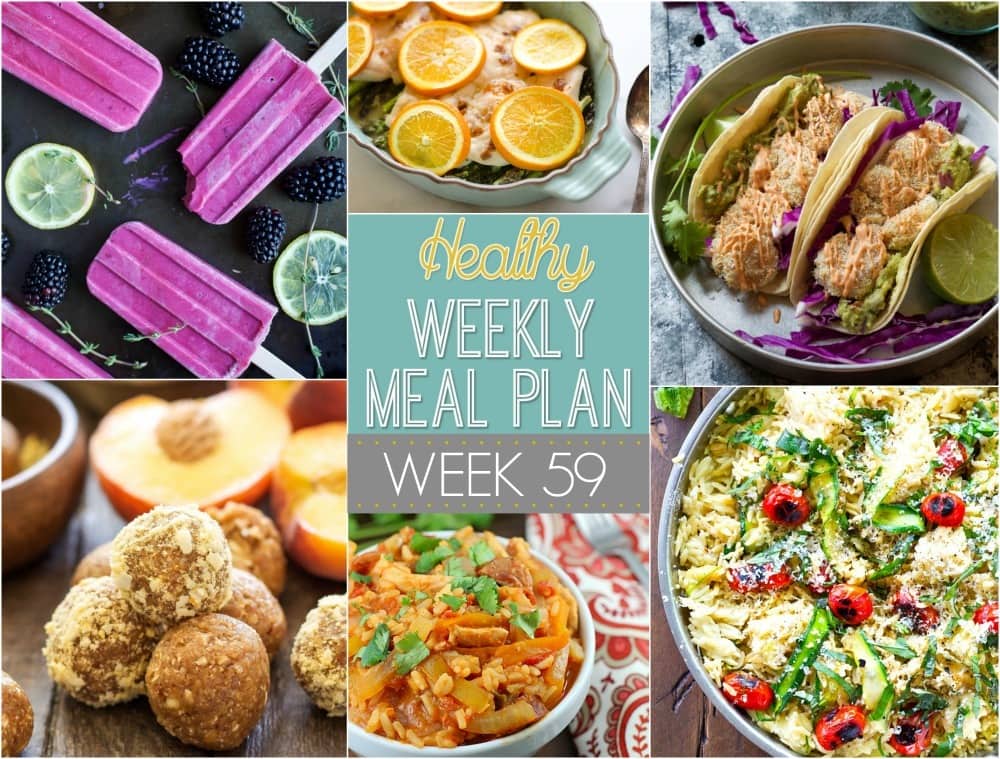 Healthy Weekly Meal Plan #59 - plan out your healthy dinner recipes for the week! Plus a healthy breakfast, lunch, side dish, snack and dessert recipe, too! So many yummy recipes in this week's meal plan!