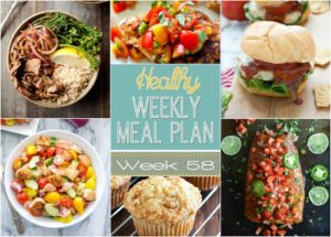 Healthy Weekly Meal Plan #58 - plan your week's dinners out with ease with this meal plan! There's a healthy dinner recipe for every night plus a breakfast, lunch, side dish and dessert recipe too! You will love these healthy recipes!