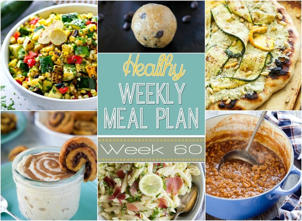 Healthy Weekly Meal Plan #60 includes a healthy dinner recipe for every night of the week plus a healthy breakfast, lunch, snack, side dish and dessert recipe for you as well. Every recipe in our weekly meal plan is delicious and sure to be hit on your dinner table!