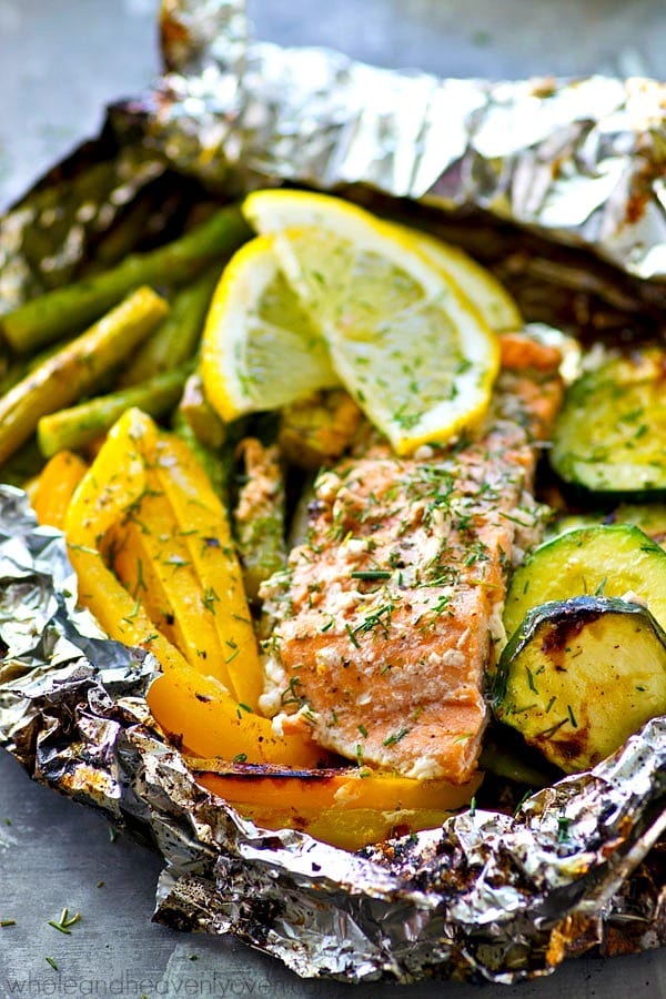 These grilled salmon veggie packets are an entire summer meal-in-one that’s ready in under 20 minutes with only a few simple ingredients! Feel free to use your favorite summer veggies.