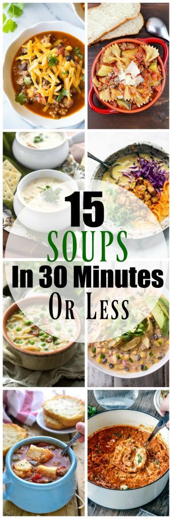 15 Easy Soup Recipes in 30 Minutes or Less! All of these comforting Fall soups can be made and on the table in 30 minutes or less! Perfect for a busy fall evening!