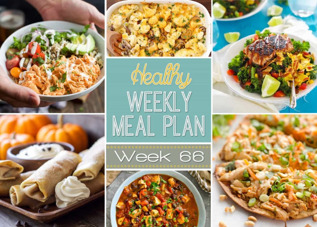 Plan out your meals this week using out Healthy Weekly Meal Plan #66! You get a new dinner recipe for every night plus a healthy side dish, breakfast, lunch and dessert! 