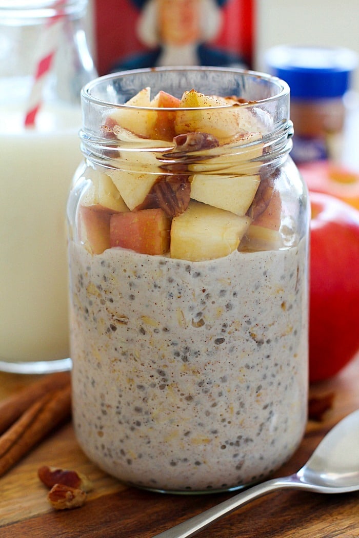 Apple Pie Overnight Oats are the BEST breakfast to wake up to! Easily make it in a mason jar the night before and eat in the morning. No cooking required! You will love the apple pie flavor in this oatmeal! 