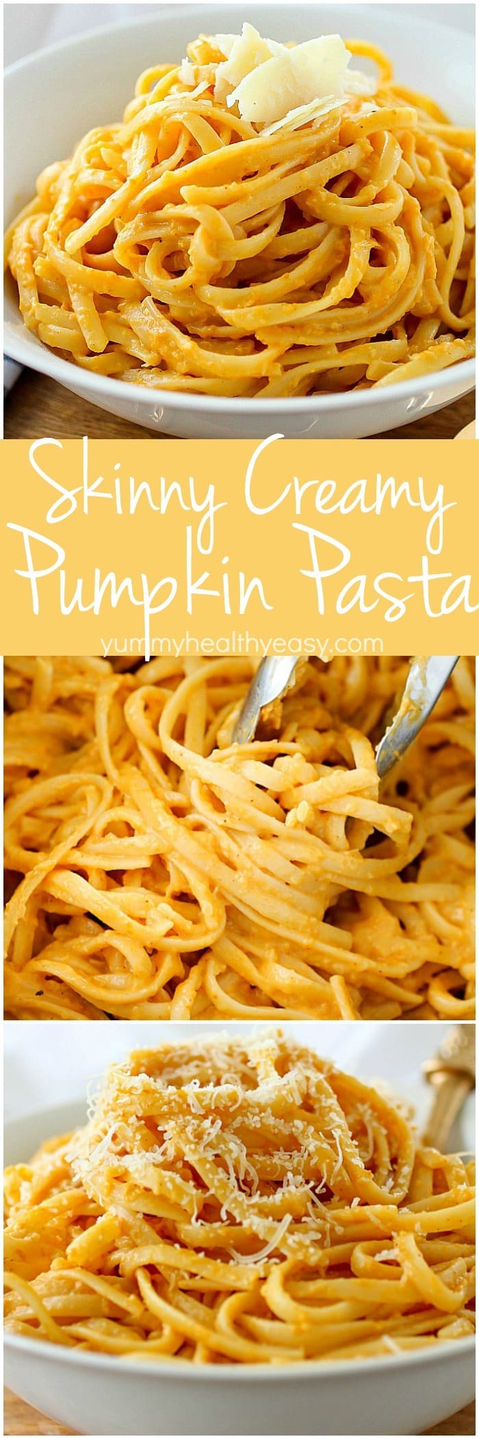 Creamy Pumpkin Pasta that's vegetarian, skinny and absolutely delicious! You won't believe the flavor pumpkin can add to a pasta sauce. This easy and healthier pasta sauce is great with any type of pasta or even zucchini noodles (zoodles)! Plus 22 more fabulous pasta recipes to celebrate National Pasta Day!