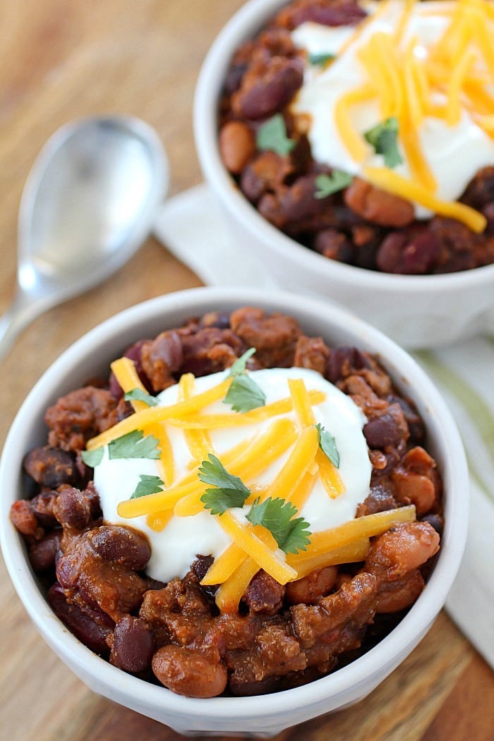 Crock Pot Three Bean Chili that is packed with flavor! You will love this easy chili cooked right in the slow cooker!