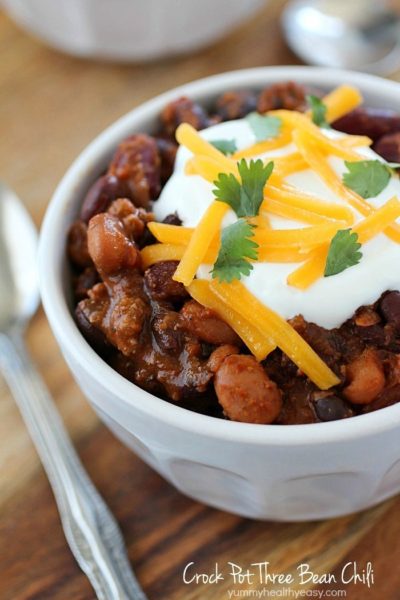 Crock Pot Three Bean Chili that is packed with flavor! You will love this easy chili cooked right in the slow cooker!