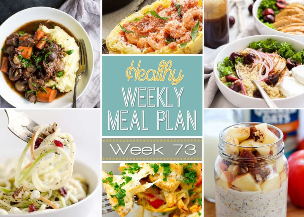 Plan out your meals for the week with our Healthy Weekly Meal Plan #73! We choose the perfect healthy dinners every week to mix things up and add in a healthy breakfast, lunch, side dish and snack, too! Make your week smoother by planning your meals out ahead of time! 