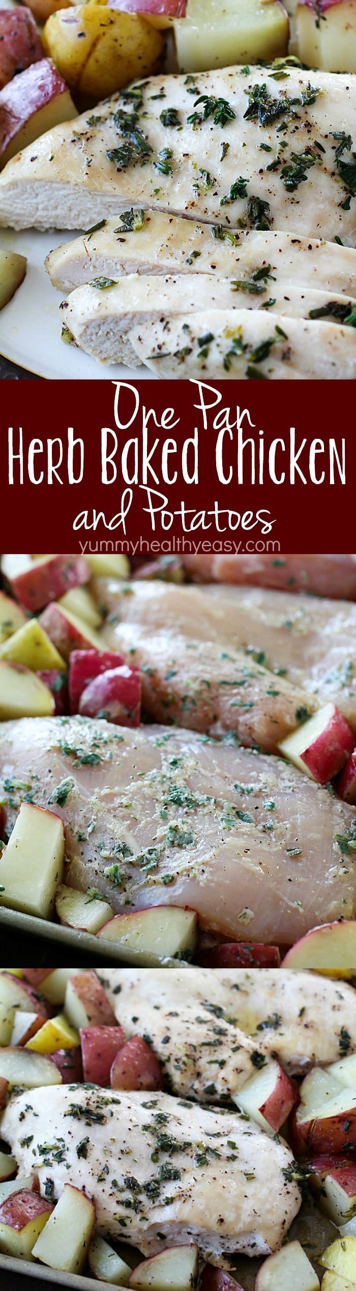 One-Pan Herb Baked Chicken and Potatoes makes making dinner a breeze! Chicken and potatoes are coated in a delicious salty herb rub and baked in one pan. The baked chicken is tender and juicy and the potatoes have so much flavor. This is an easy dinner everyone will love! AD