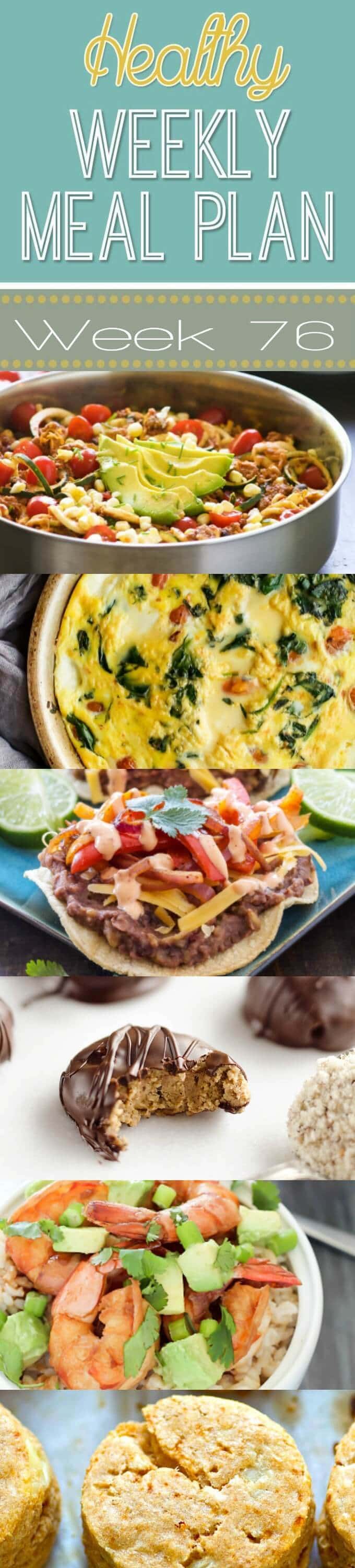 Healthy Weekly Meal Plan #76 - plan out your dinners for the week with these insanely delicious recipes! Also included are a healthy breakfast, lunch, snack, side dish and dessert recipe, too! You will love these healthy recipes for the New Year!