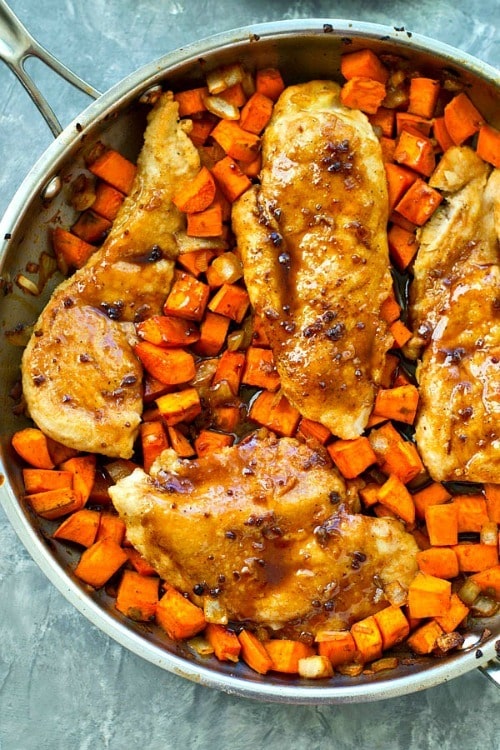 These flavorful skillet chicken breasts bake up in only one pan with an incredible sweet potato hash and an insanely-good maple glaze.— This 30-minute skillet dinner is a weeknight keeper!