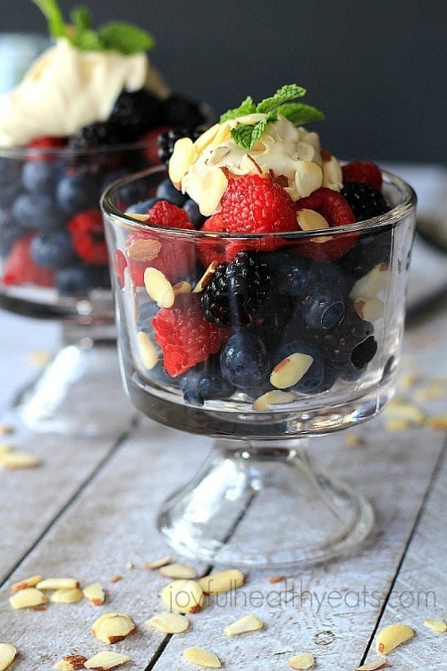 A healthy dessert option for the summer with fresh mixed berries and topped with a slightly sweet Honey Maple Mascarpone Cheese.