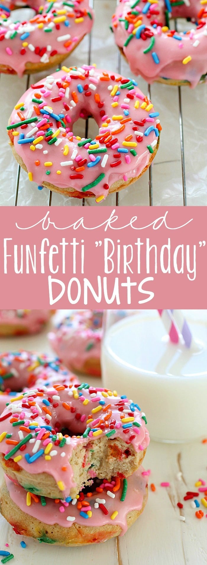 Baked Funfetti Donuts aka Birthday Donuts! These homemade donuts are made with healthier ingredients and baked. Topped with an easy glaze and funfetti sprinkles! Every bite has funfetti sprinkles!