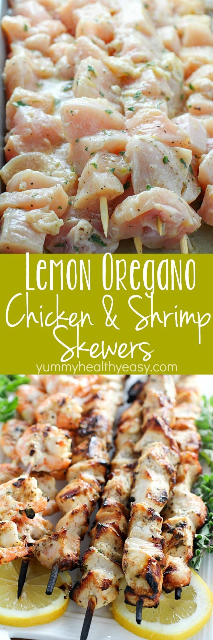 Lemon Oregano Chicken & Shrimp Skewers are marinated and then grilled for a delicious and healthy dinner recipe! Cue the hallelujah chorus! Deliciousness on a stick! This is also great for meal prepping! (high protein, paleo and clean eating)
