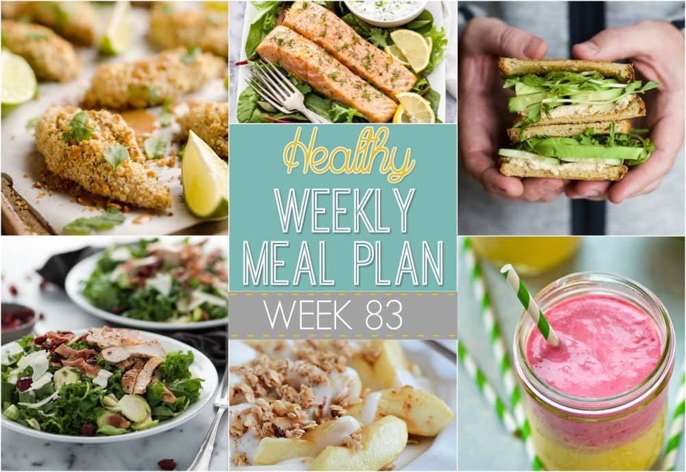 Healthy Weekly Meal Plan #83 is put together with the yummiest of healthy dinner recipes included! There's also a healthy breakfast, side dish, lunch and dessert recipe included, too! You will love this deliciously healthy menu plan!
